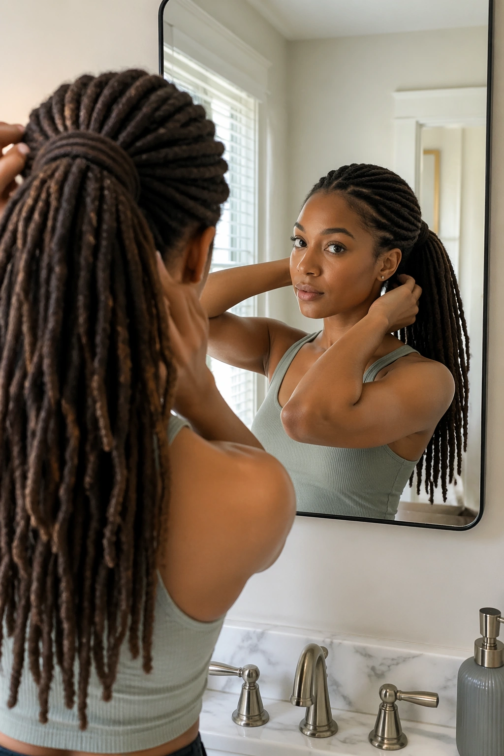 Over-the-shoulder mirror selfie of locs in a mid ponytail.