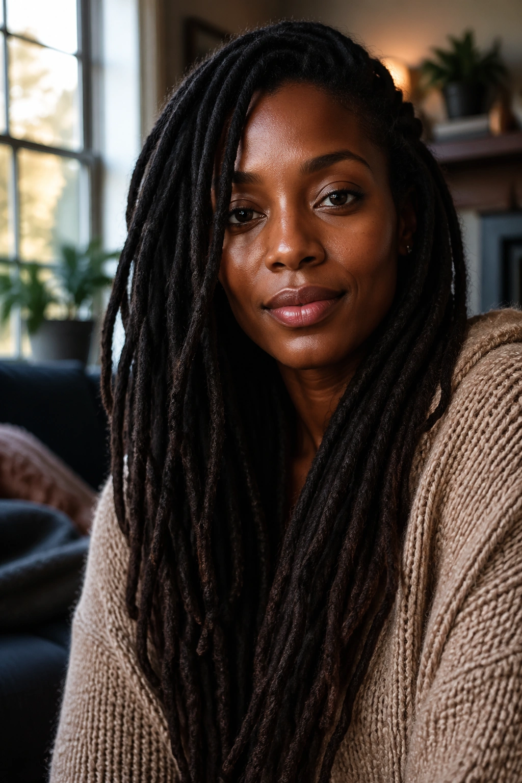 Close-up portrait of a person with mature locs in a warm living room
