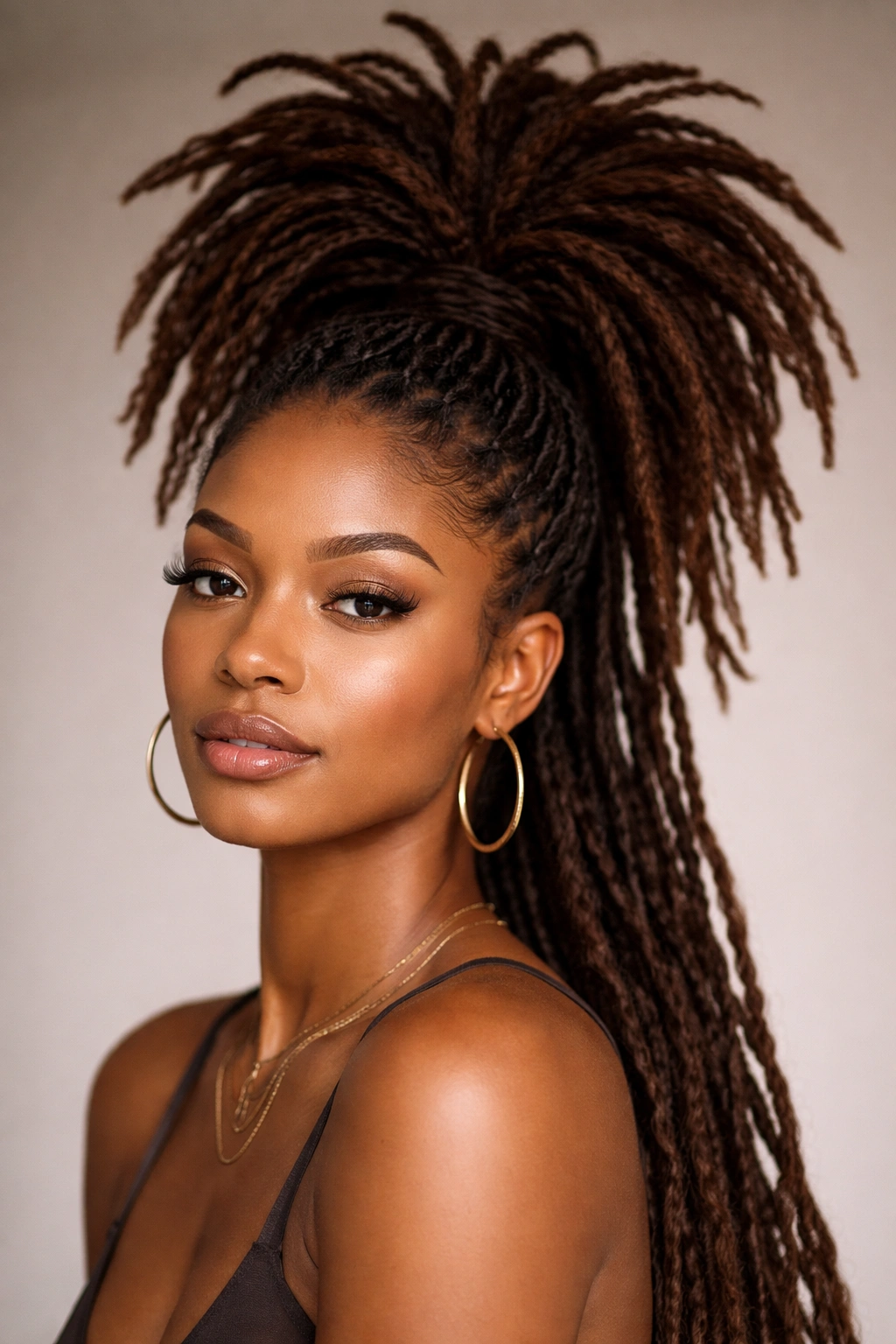 Close-up of Pineapple High Ponytail with Full Volume showing voluminous locs fanned upward