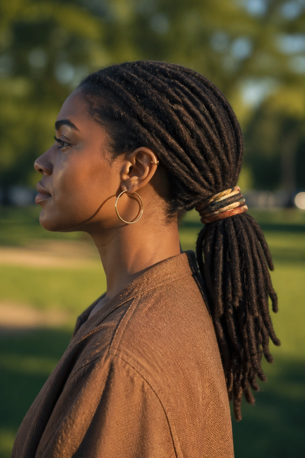 Locs gathered in a low ponytail with wrap at the nape.