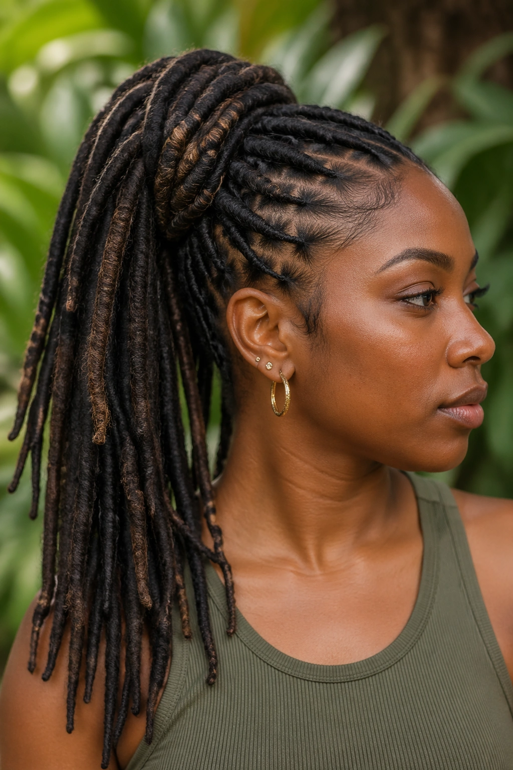 Person with locs styled into a balanced faux ponytail outdoors