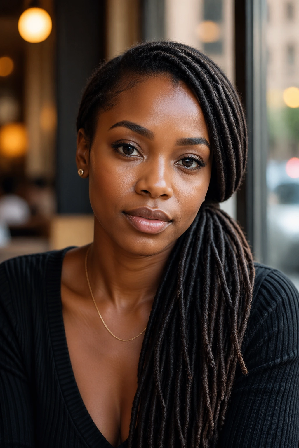Close-up of a woman with a deep side-part and low ponytail on locs