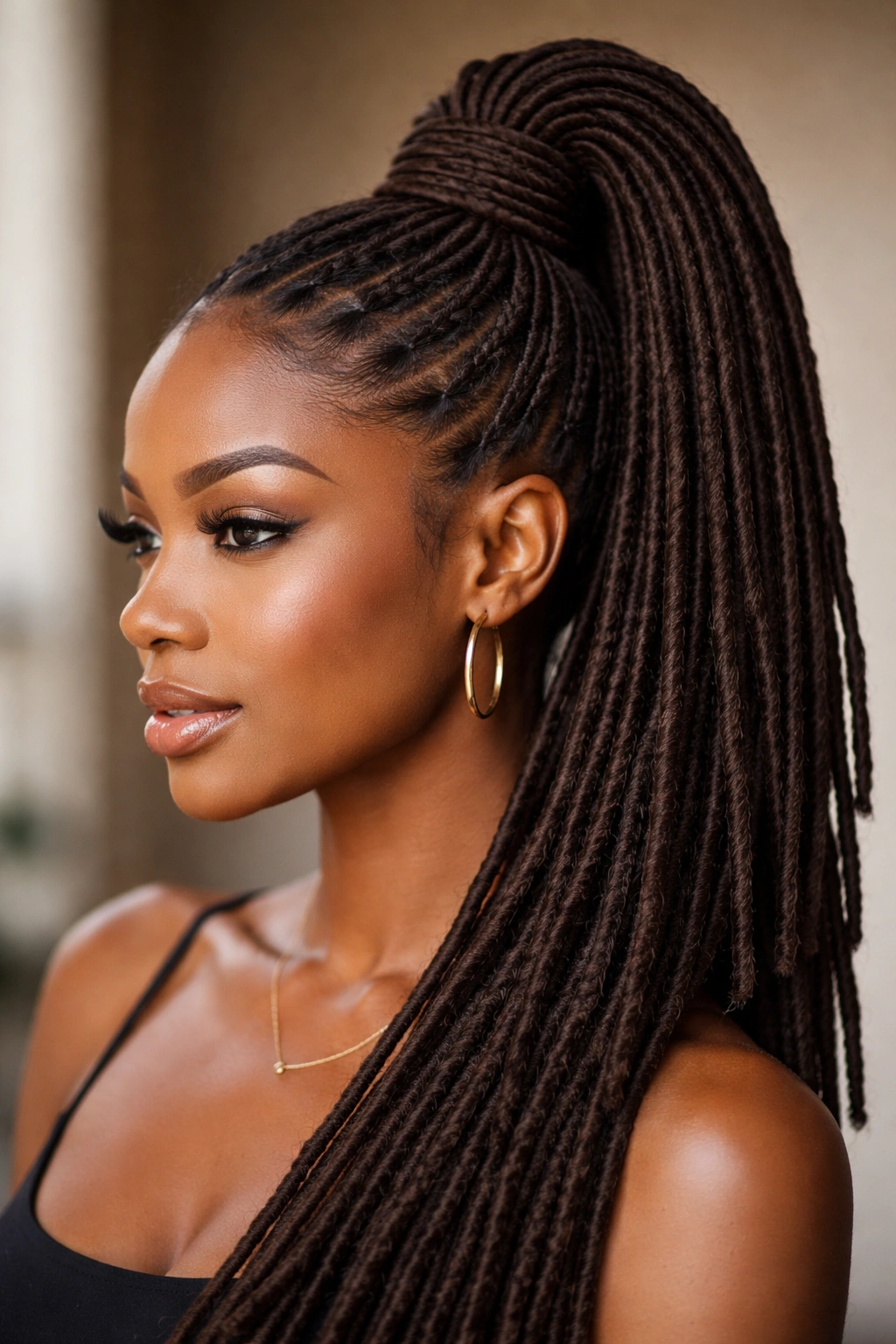 High loc ponytail with a clean base and secure wrap
