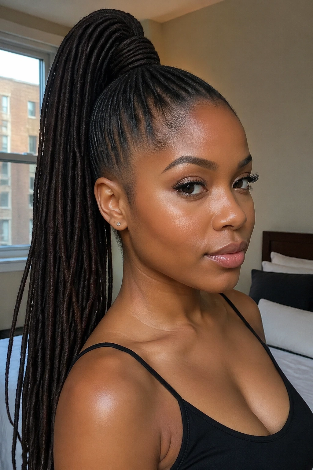 Close-up of a real woman with a sky-high sleek locs ponytail, crown-high and glossy