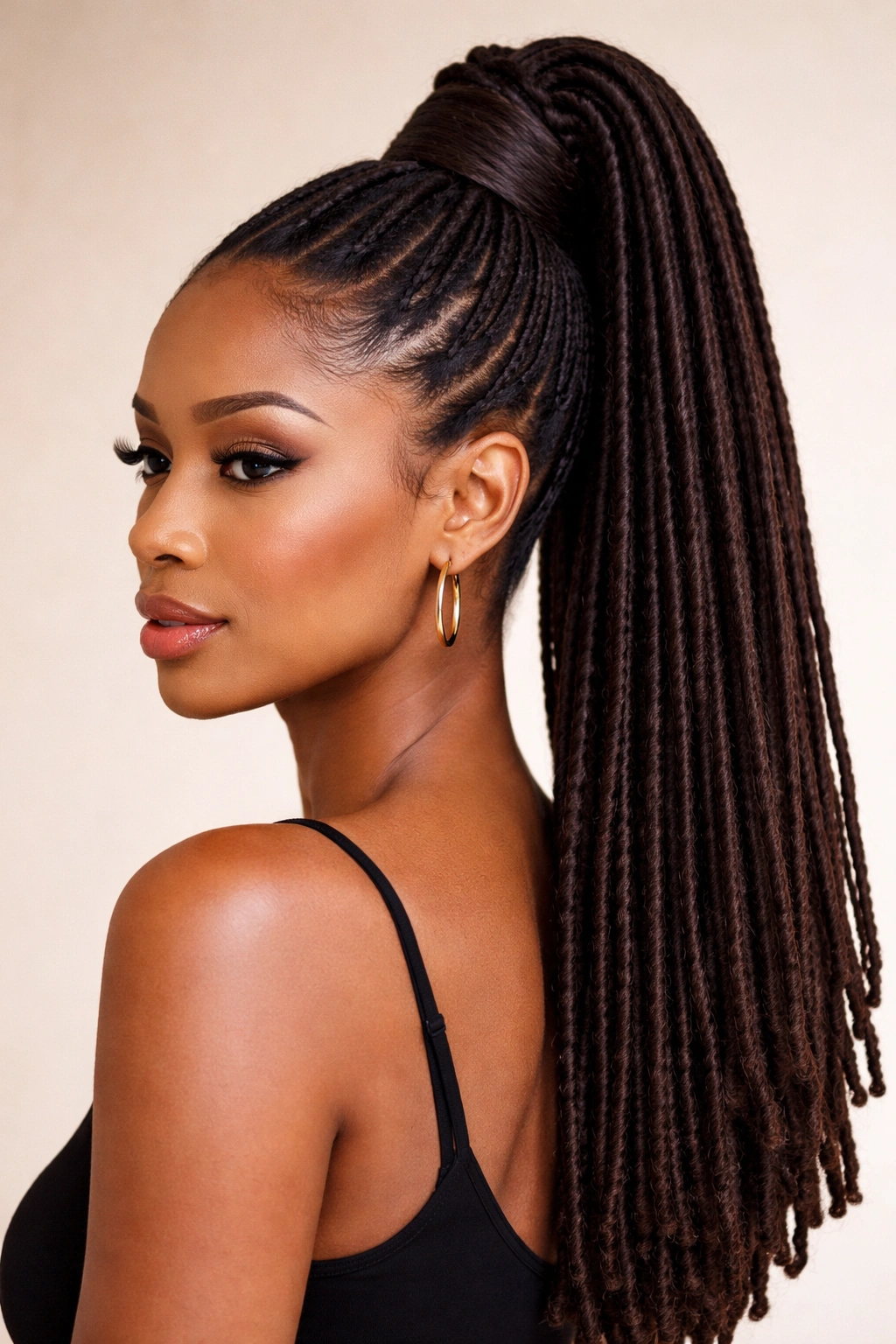 Close-up of Sleek Wrapped-Base High Ponytail for Locs showing crown lift with hidden elastic wrap