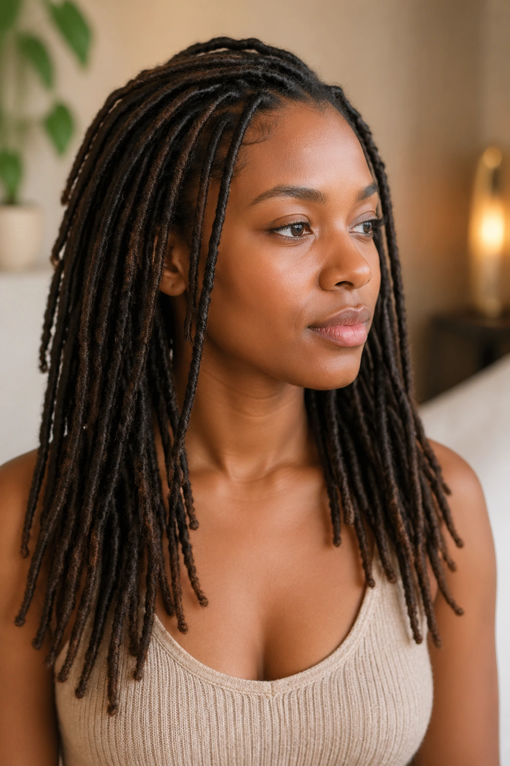Person with clean, dry locs prepared for boho styling.