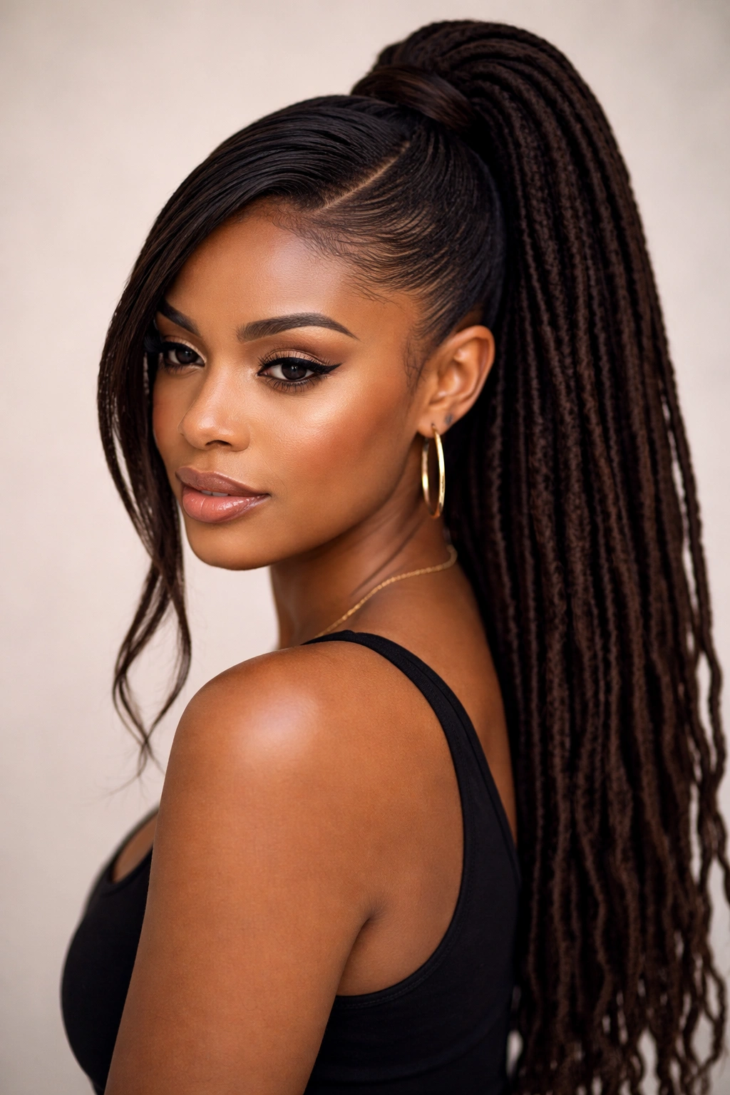 Close-up of Side-Part High Ponytail showing deep side part and lifted ponytail