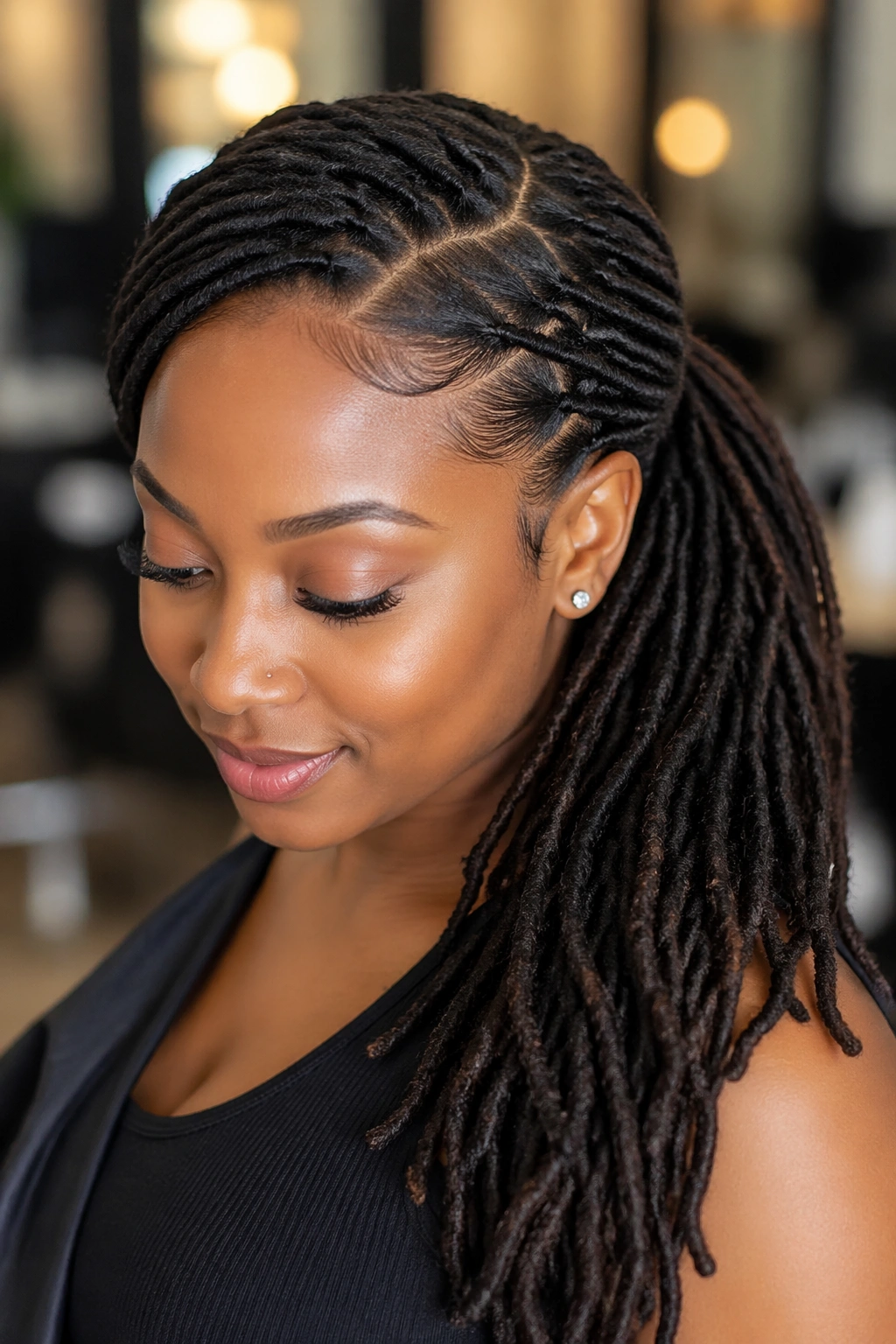 Close-up of side-part ponytail with locs and clean swoop on a real person in a salon