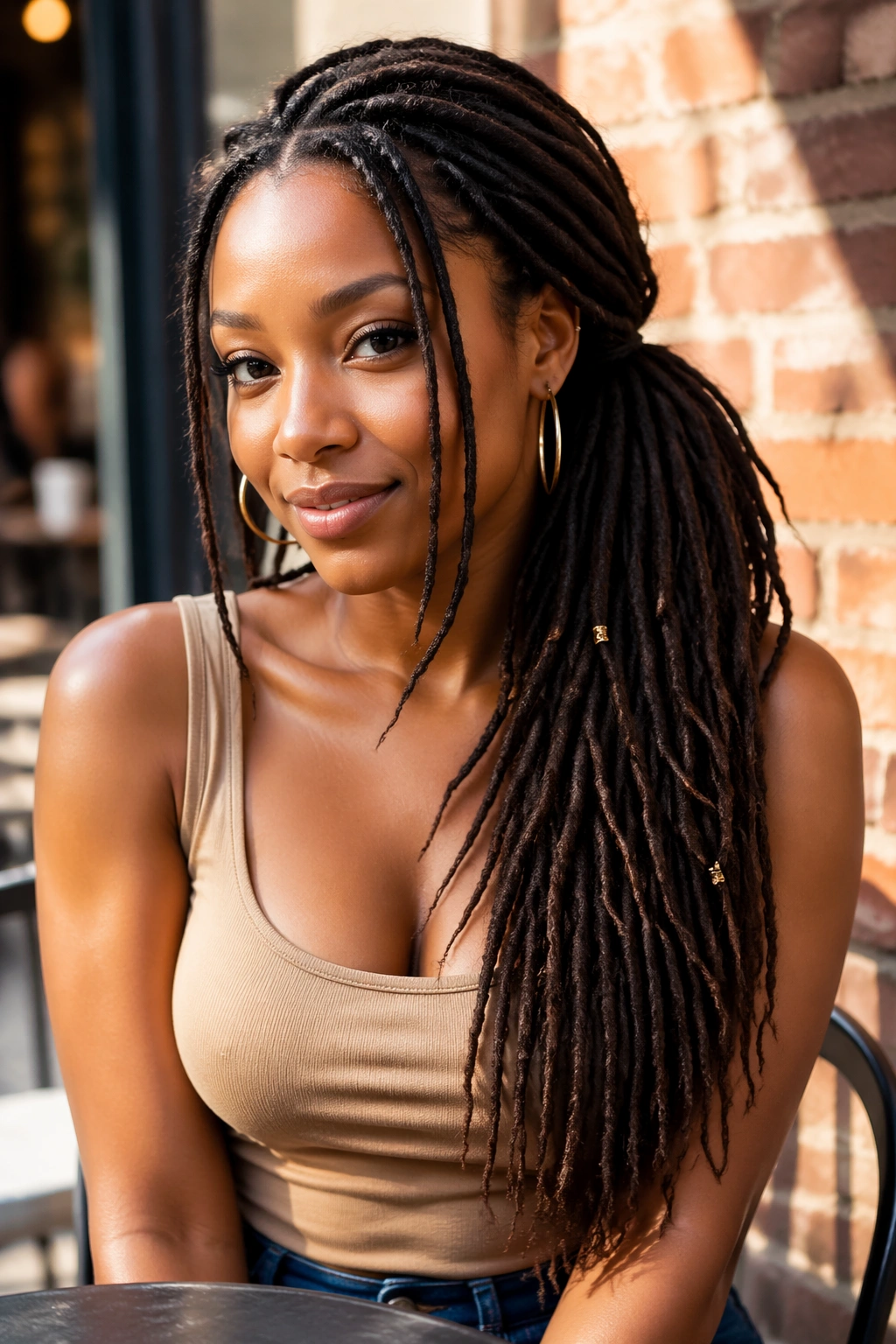 Close-up of a real woman with a side-swept ponytail draping over the shoulder
