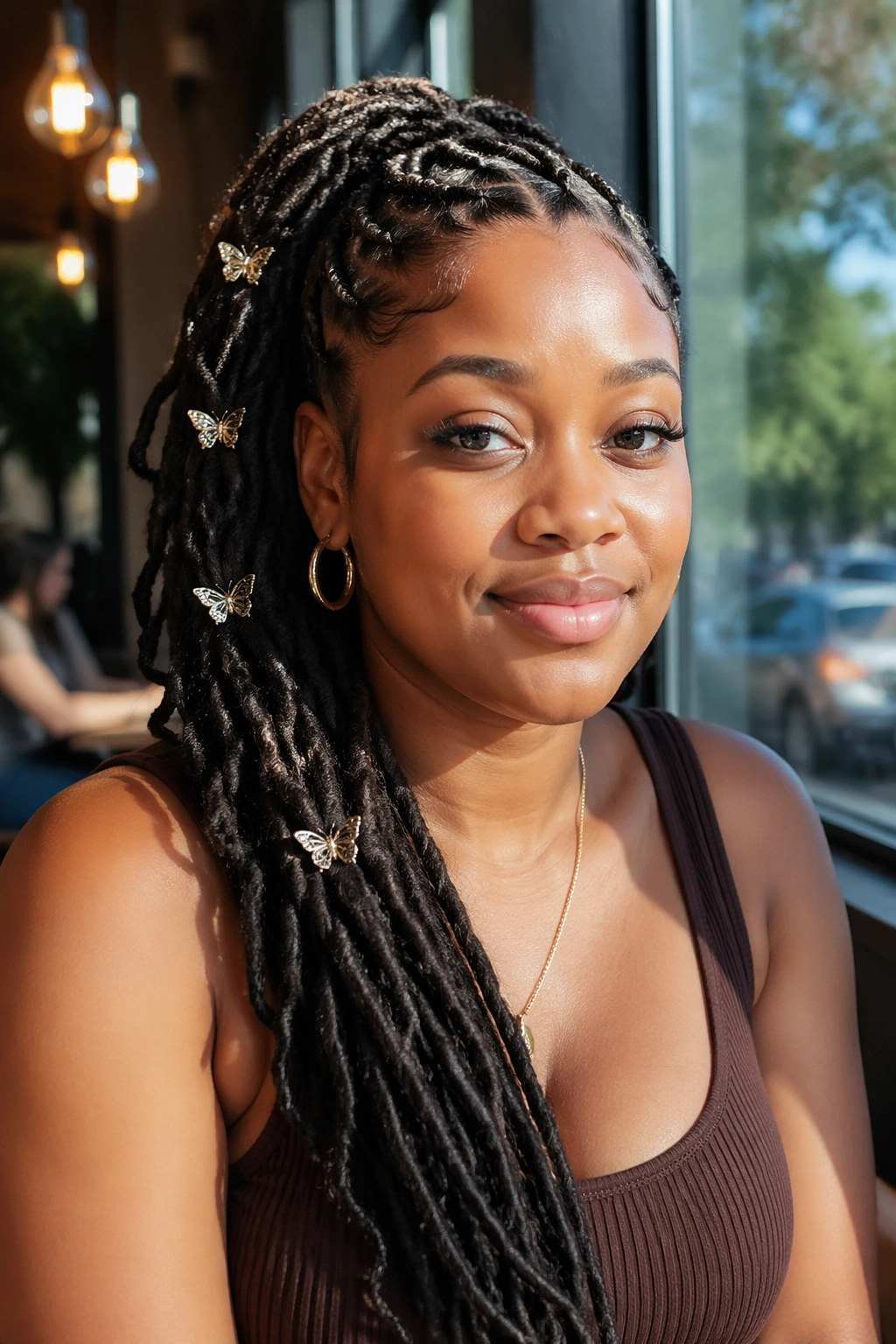 Close-up of a real woman with a side-swept butterfly braid ponytail, braid over shoulder.