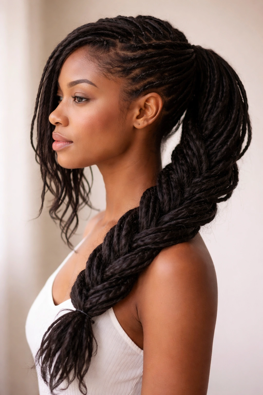 Side view of Side-Swept Braided Ponytail with locs