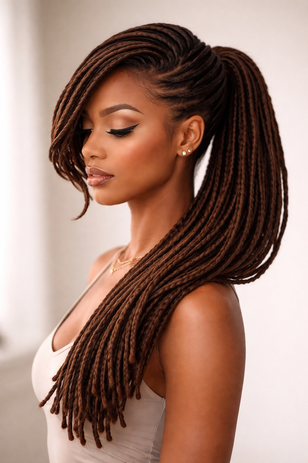 Off-center swoop locs ponytail over shoulder, profile view.