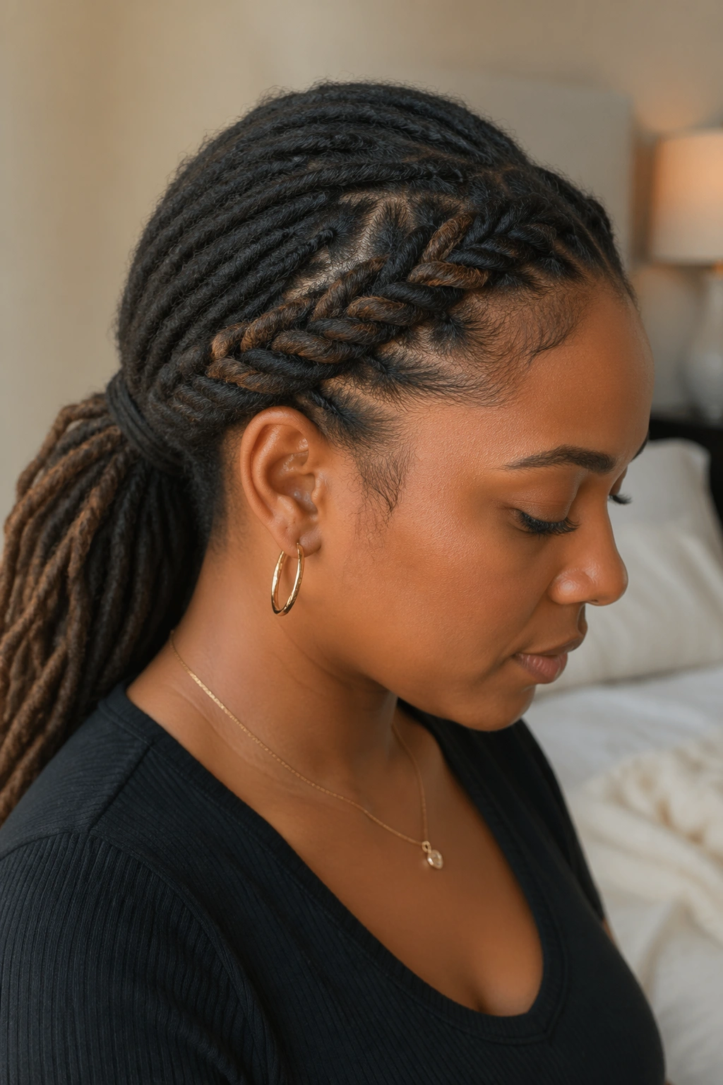 Close-up of a woman with twisted crown hair leading into a low ponytail