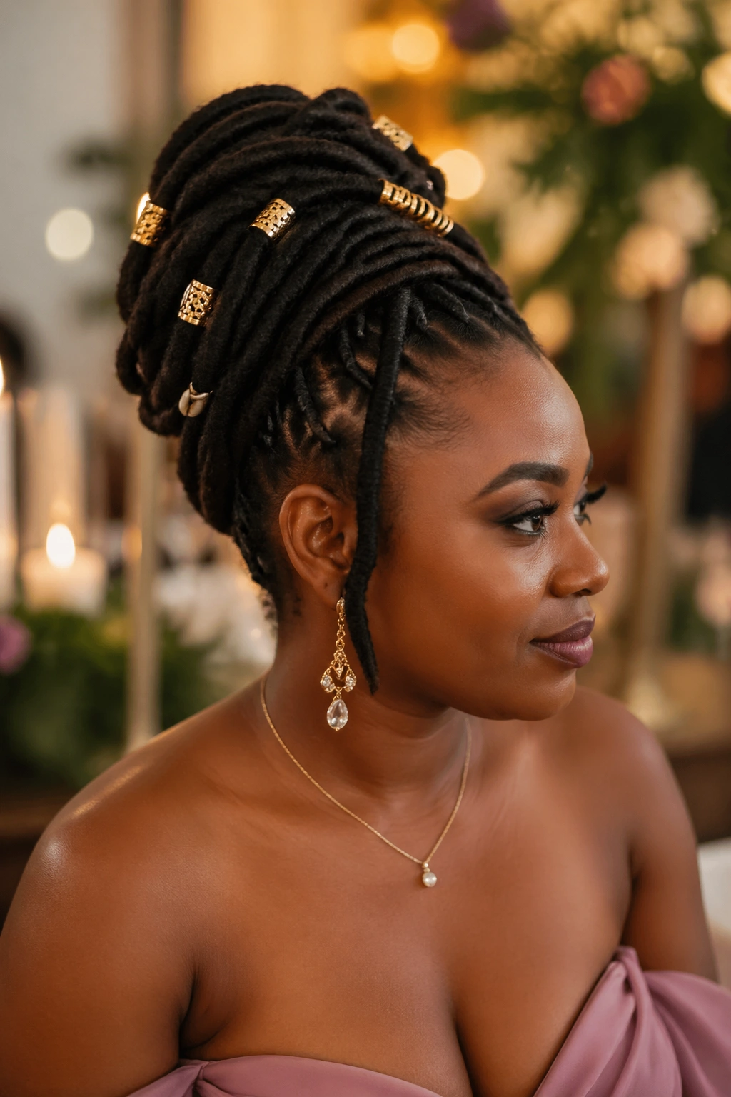 Locs updo with gold cuffs on a real woman in a wedding venue.