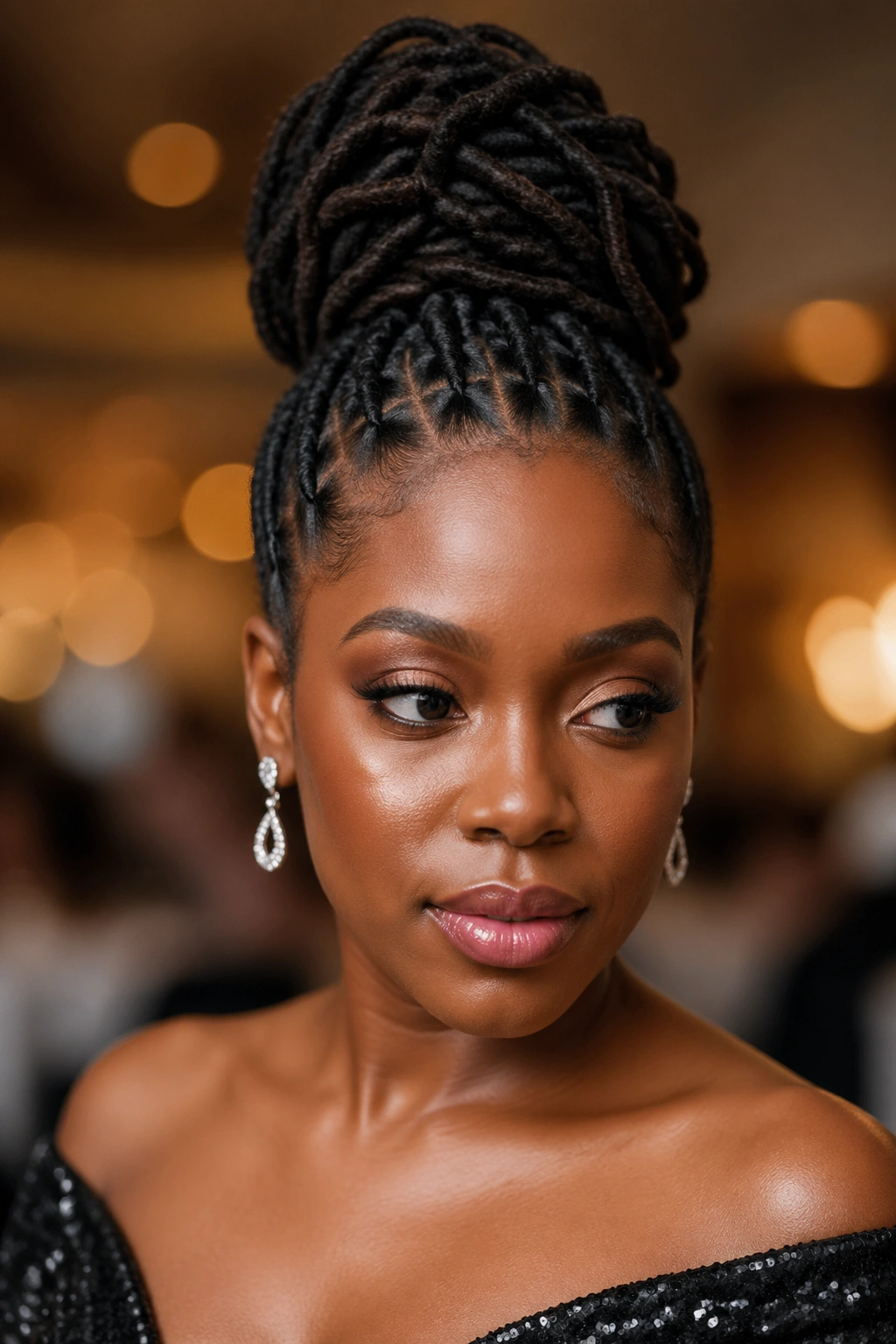 Close-up of a real woman with locs styled into a formal high bun