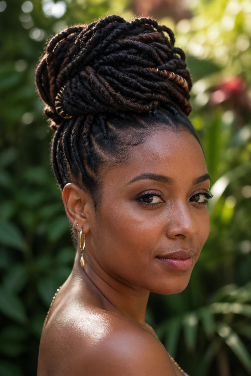 Close-up portrait of a Black woman with locs updo