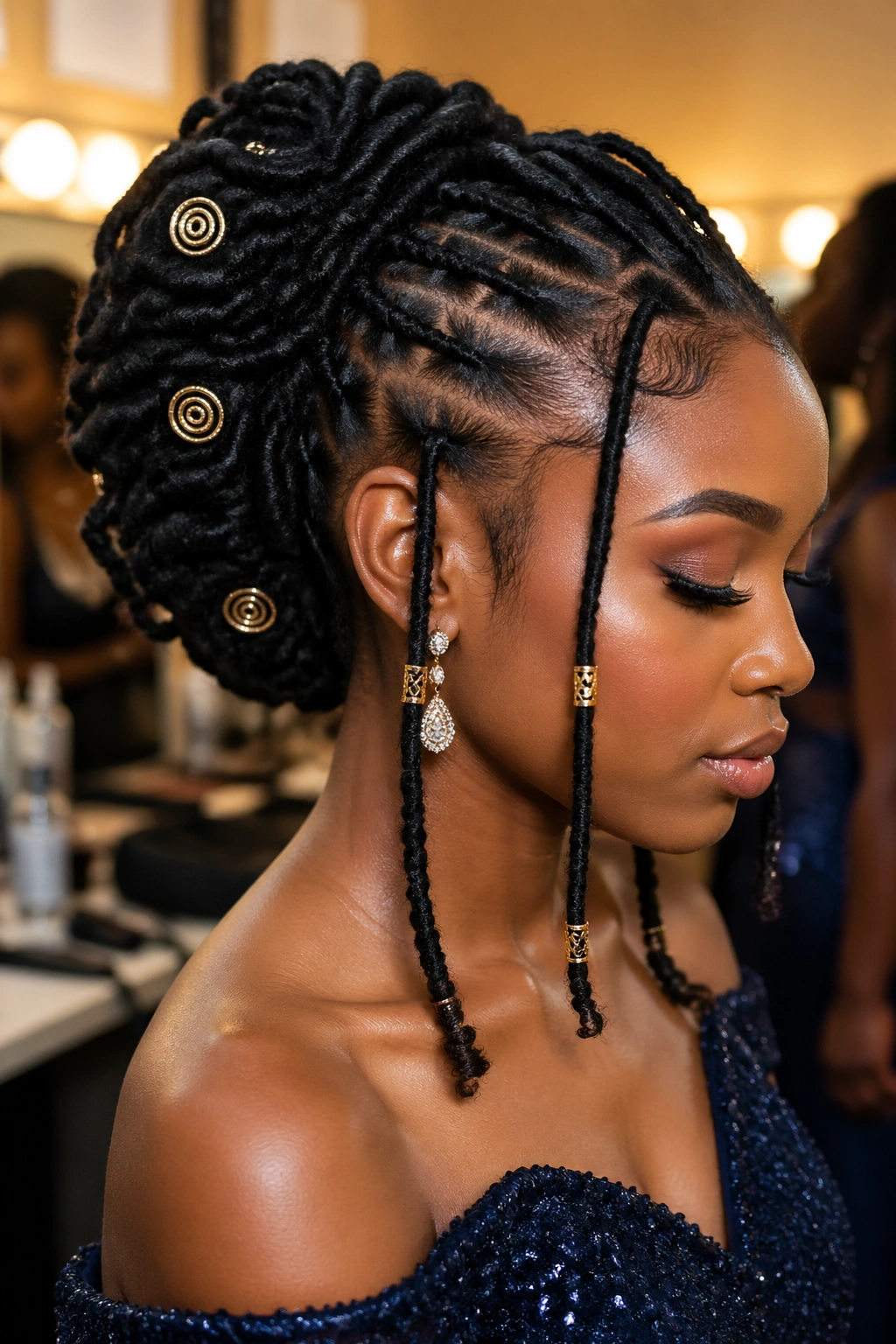 Close-up of a real woman with a sculptural locs updo and gold cuff accents for prom