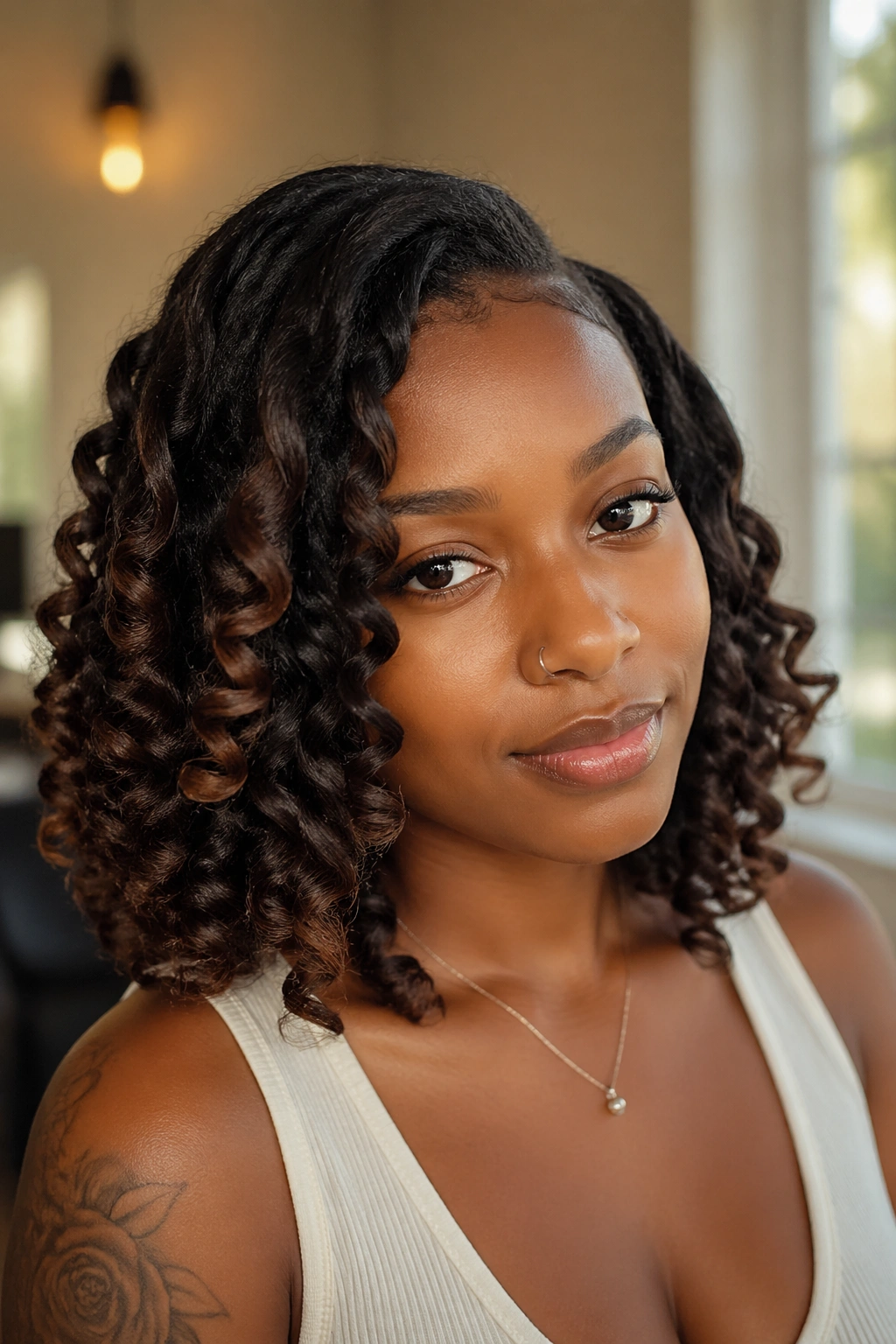 Close-up of a real person with locs styled in wand curls.