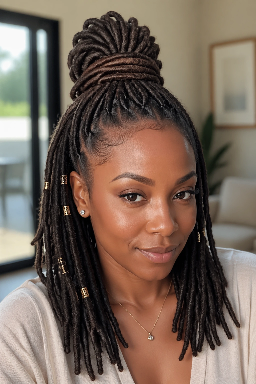 Close-up portrait of a real woman with locs in a wrapped crown half ponytail