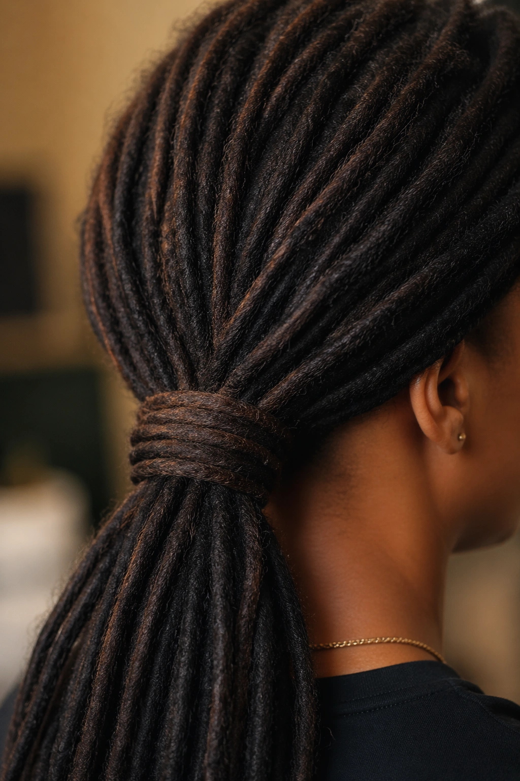 Close-up of a woman with wrapped-base low ponytail on locs