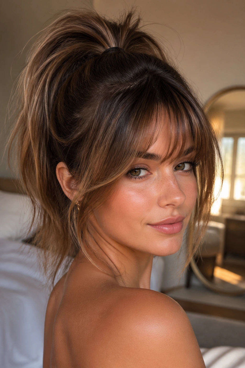 Close-up of a real woman with a lofty ponytail and layered fringe in soft window light.