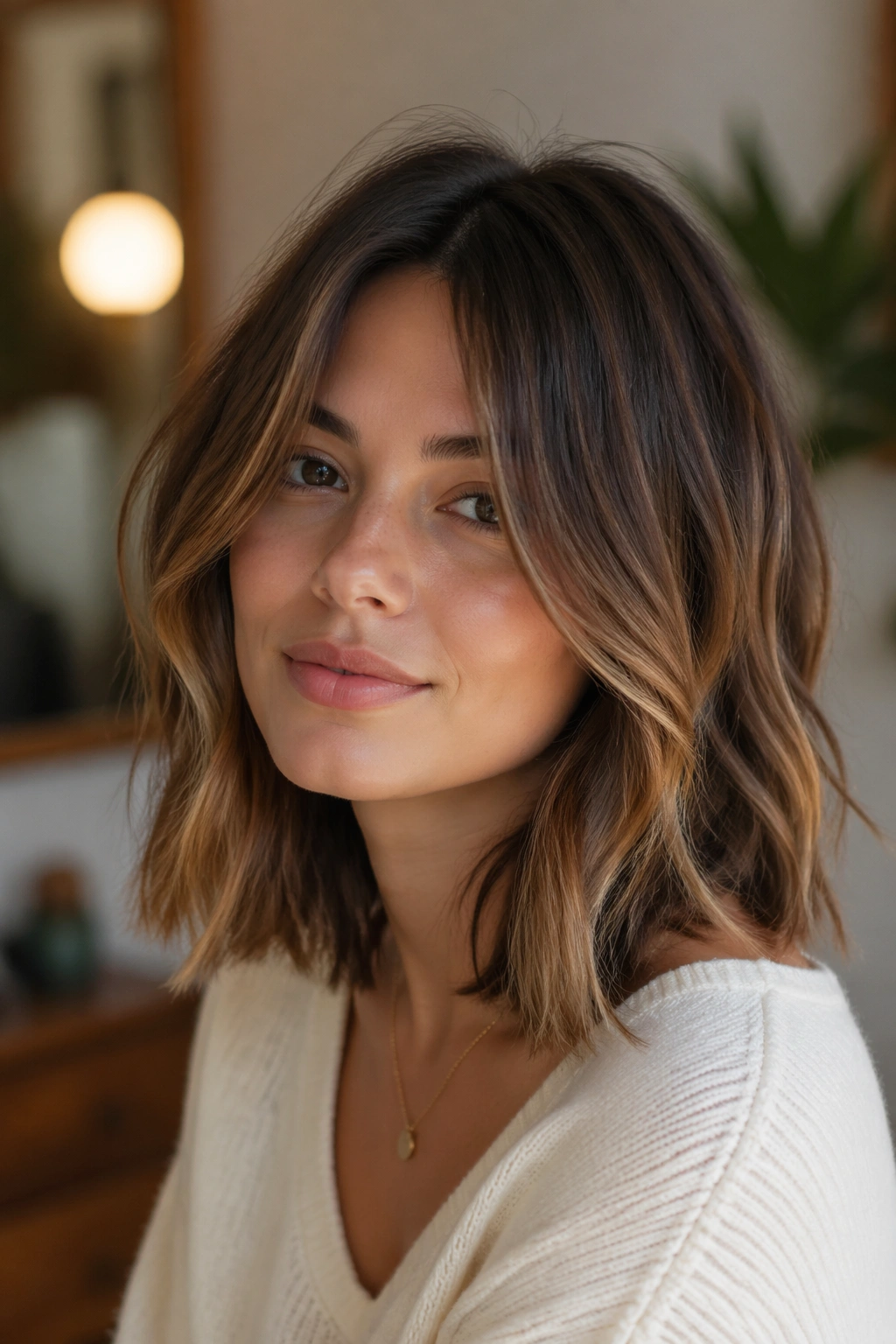 Portrait of a real woman with long bangs blending into a wavy lob