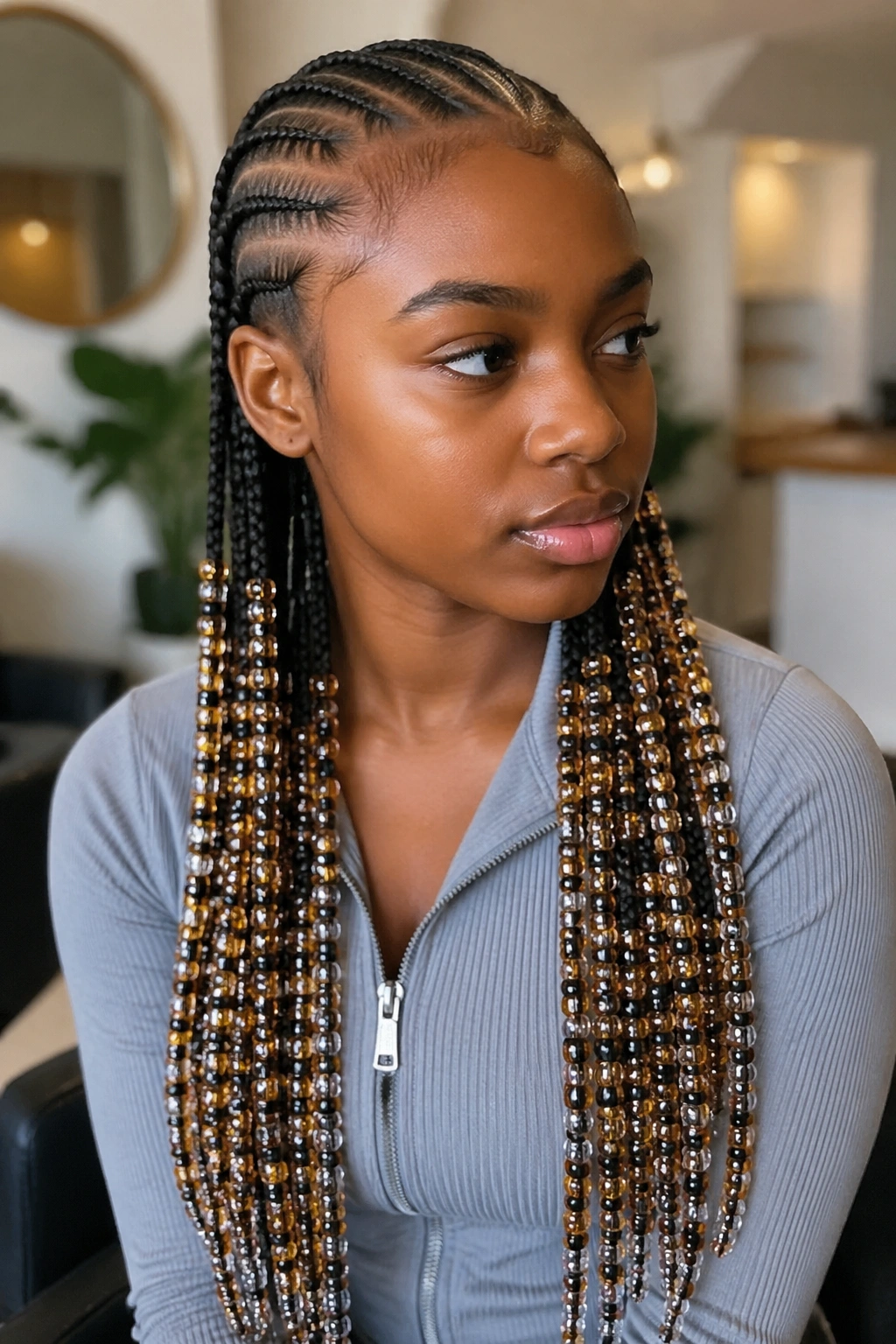 Portrait of a real person with long beaded braids and extensions.