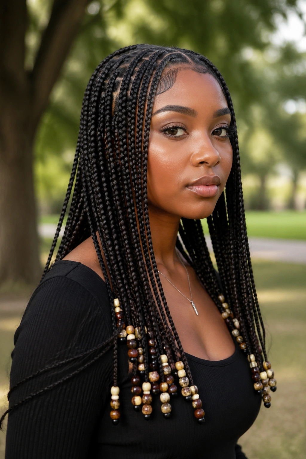 Close-up of a real woman with long Fulani box braids and beaded ends.