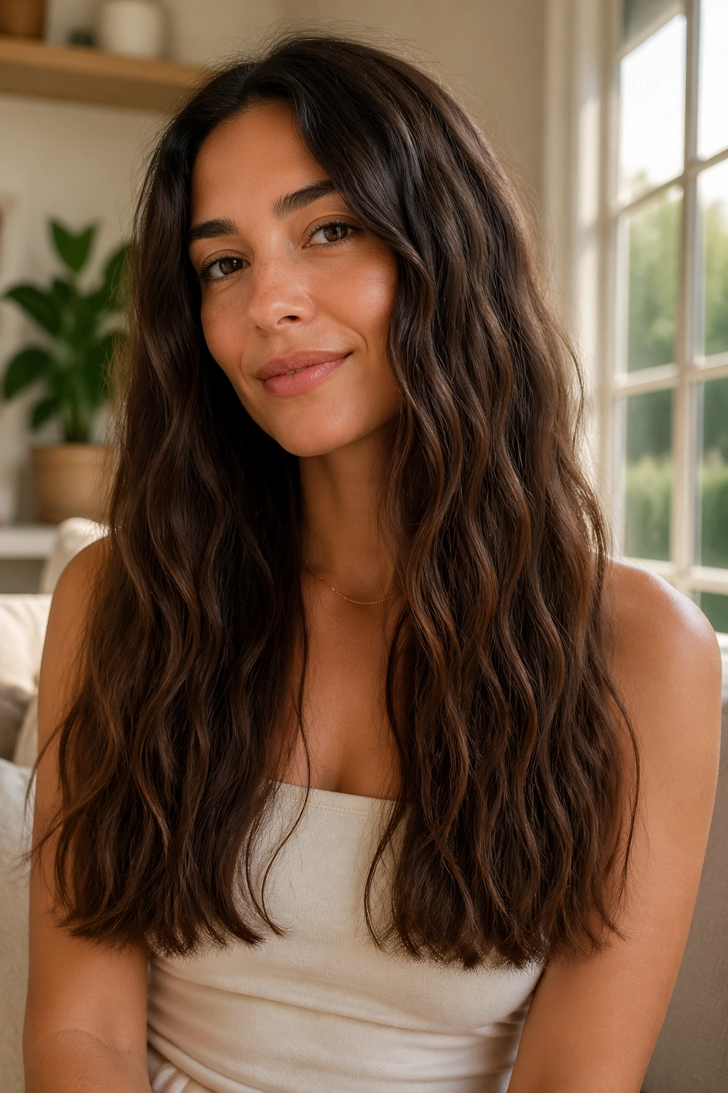 Woman with long blunt cut and clean ends.