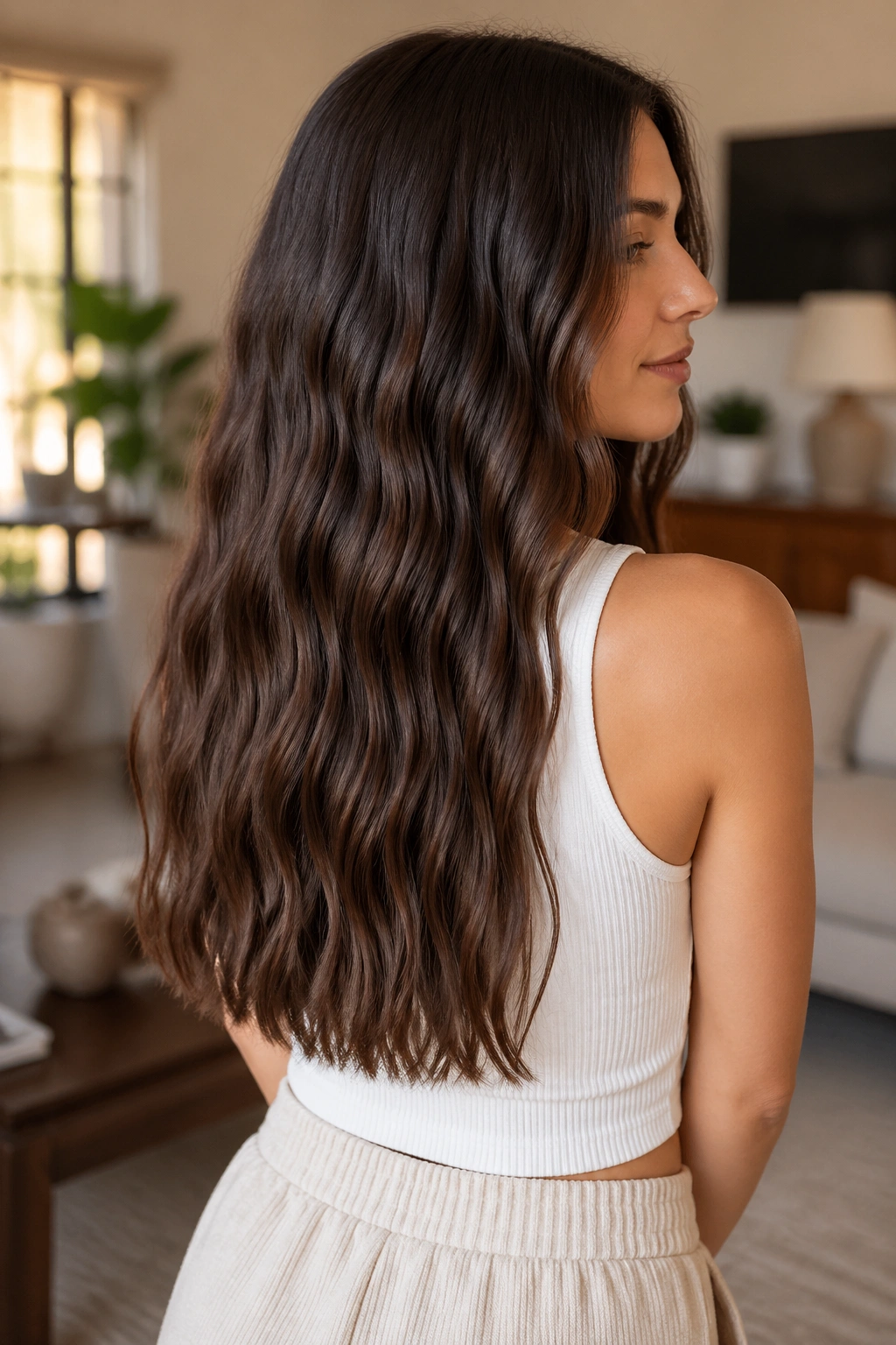 Real person with long blunt-cut wavy hair