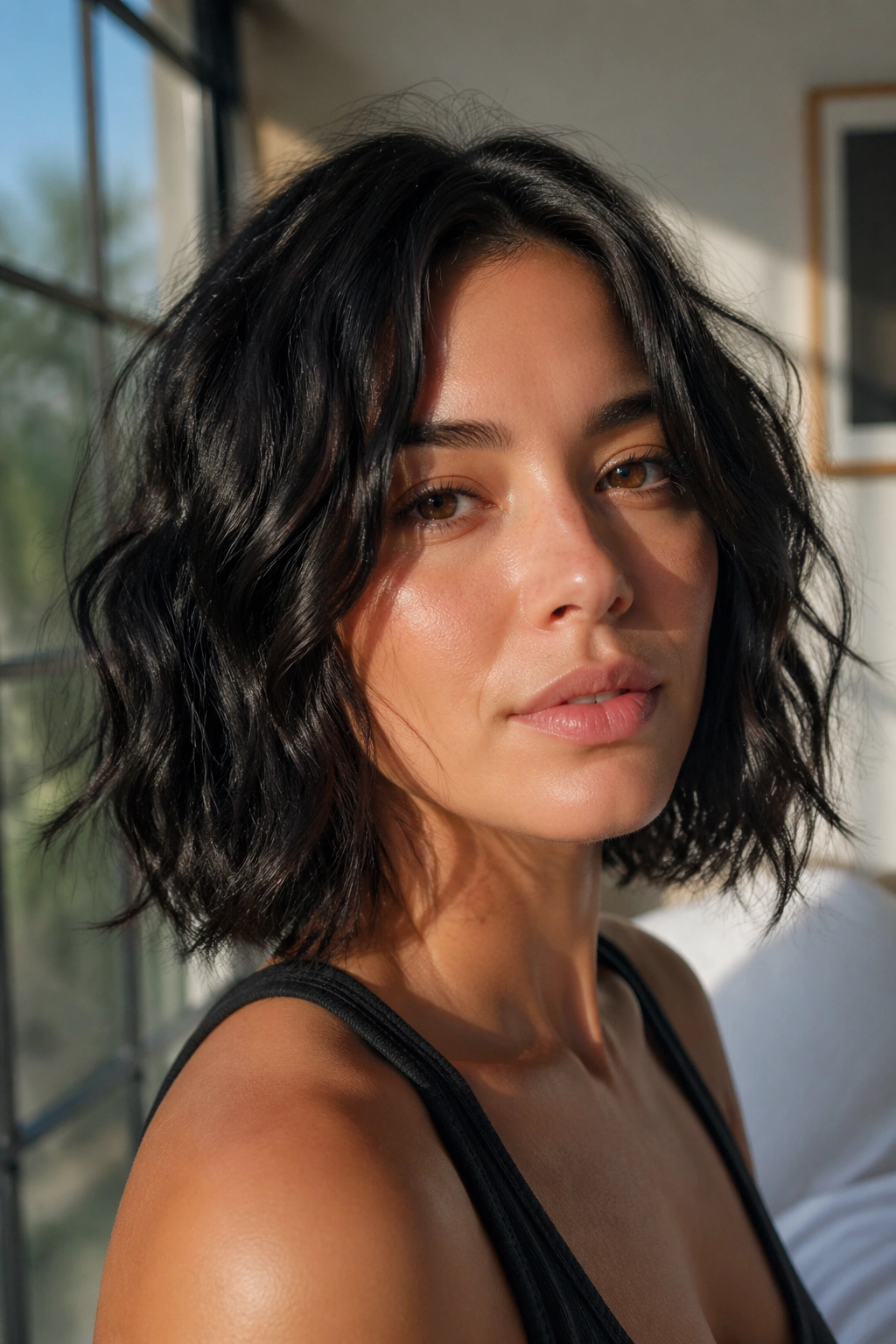 Real person with longish bob at collarbone length in bright natural light.