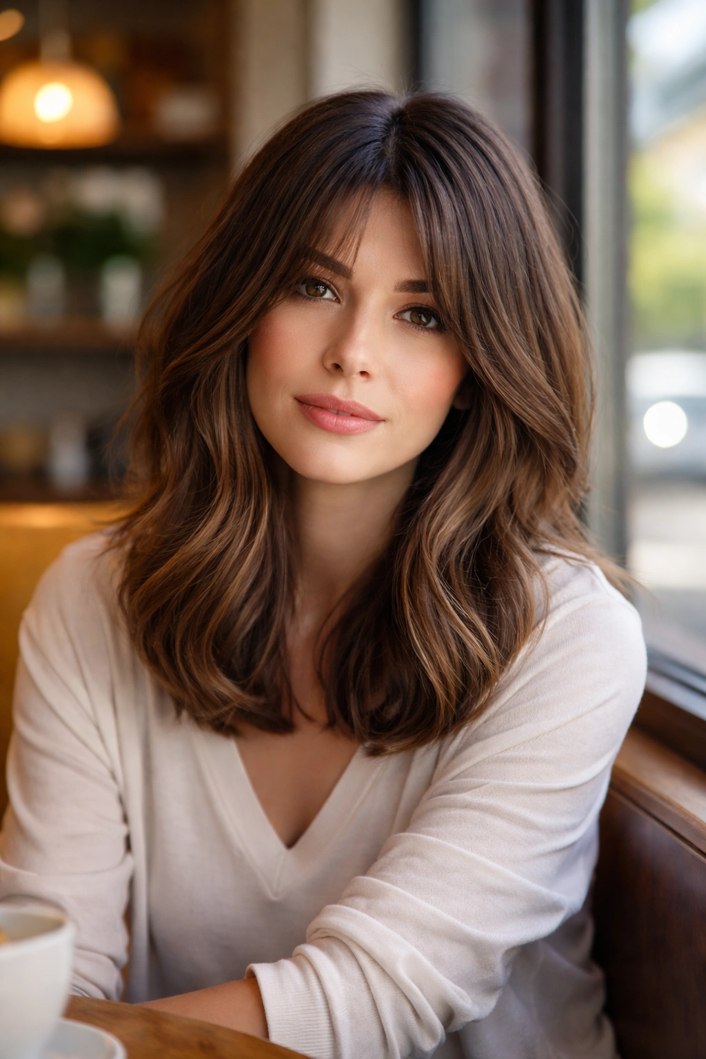 Close-up of a real person with long bob and curtain bangs in a cafe