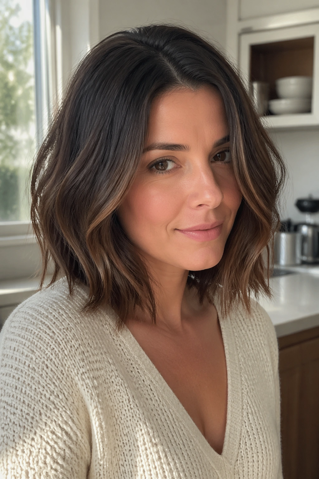 Close-up of a real woman with long bob with internal layers