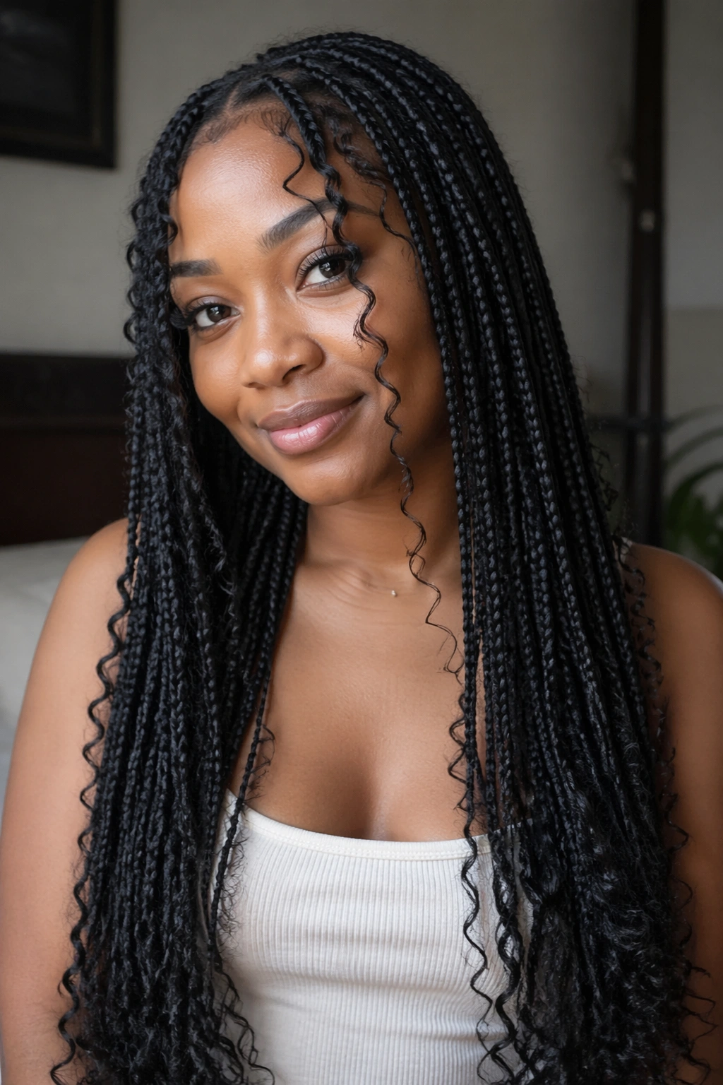 Long box braids with face-framing curls on a real person