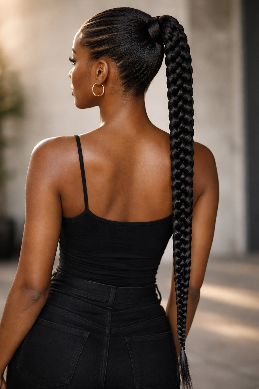 Ultra-long braided feed-in ponytail viewed from behind, fully braided tail