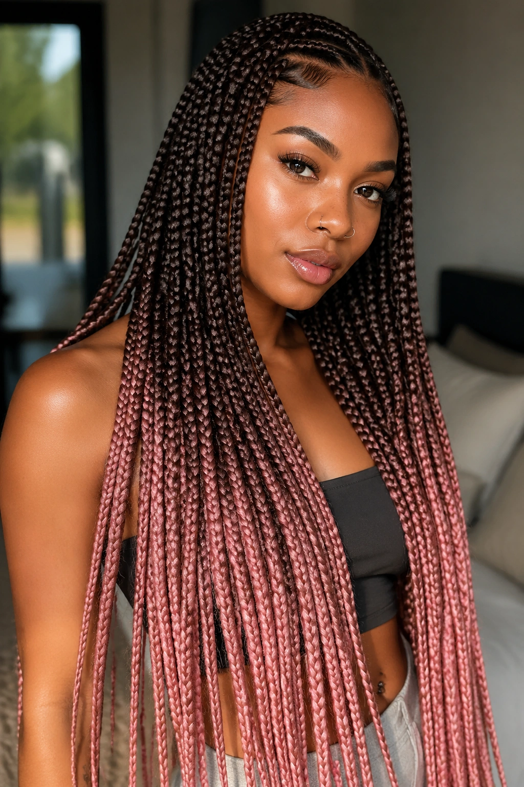 Close-up portrait of a real woman with extra-long brown and pink box braids cascading over shoulders