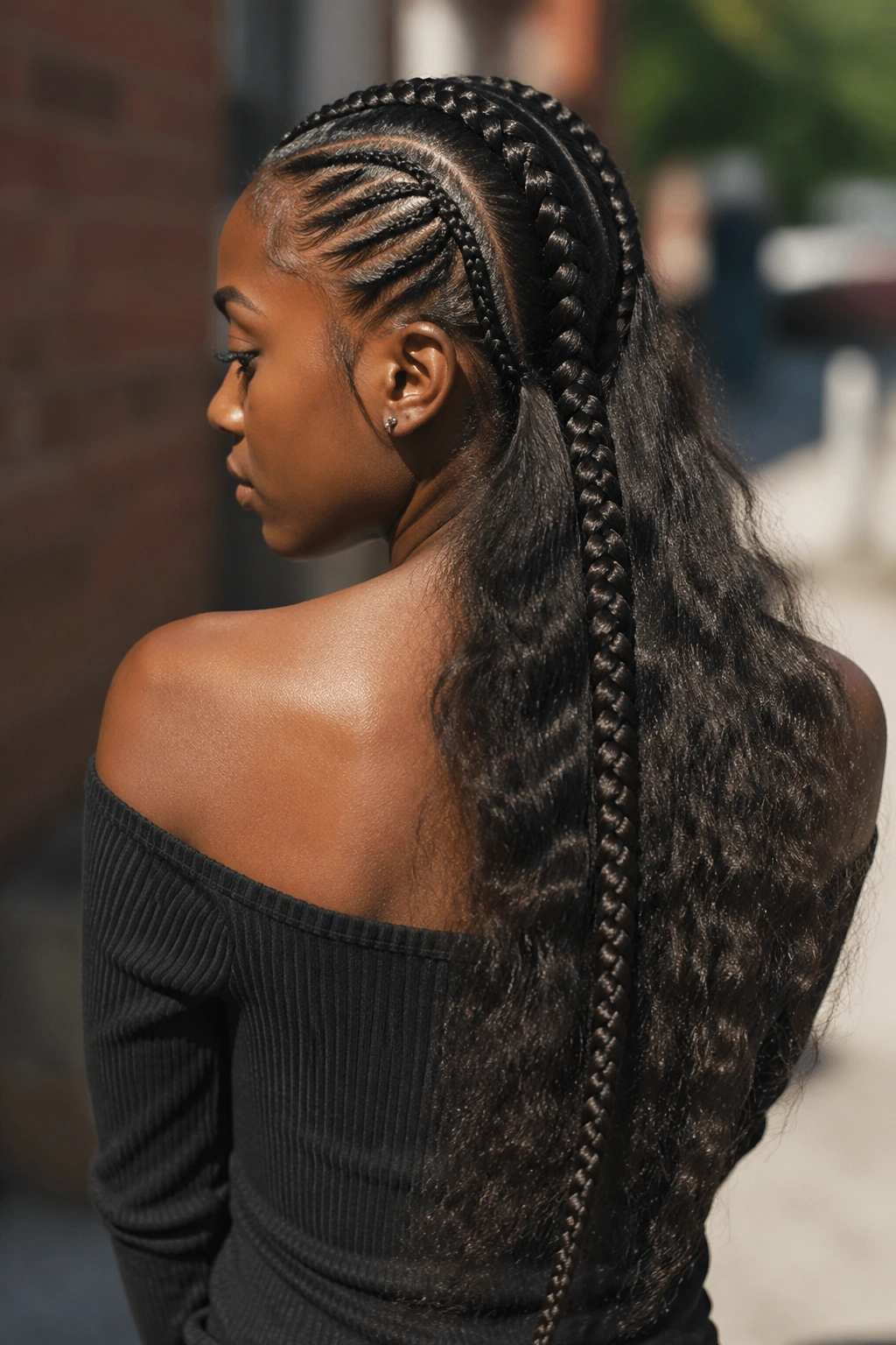 Close-up of a Fulani hairstyle with a long central braid dominating the head