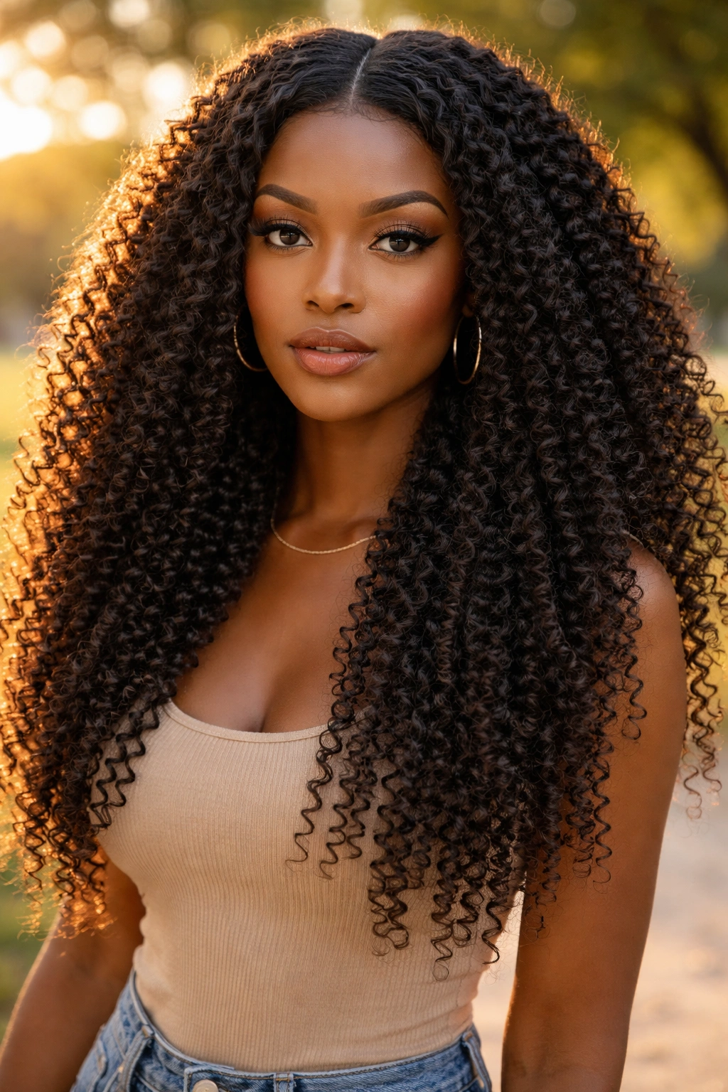 Portrait of woman with long coily halo and middle part in outdoor park.