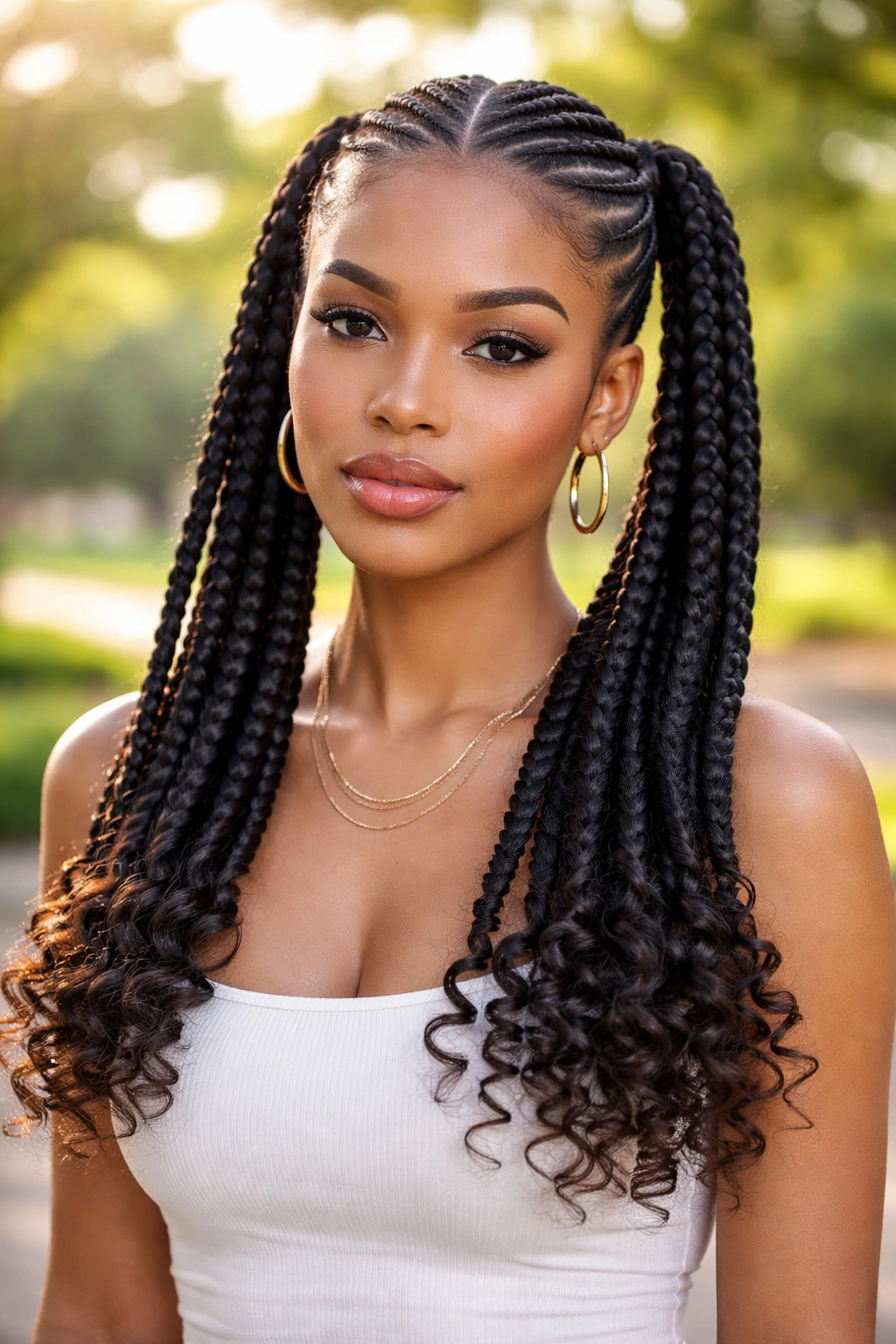 Real person with long cornrow pigtails ending in curly tips outdoors