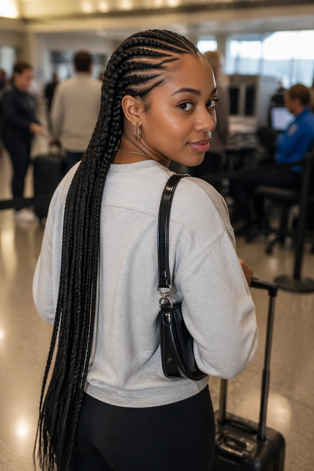 Real person with long cornrows in an airport setting, portrait