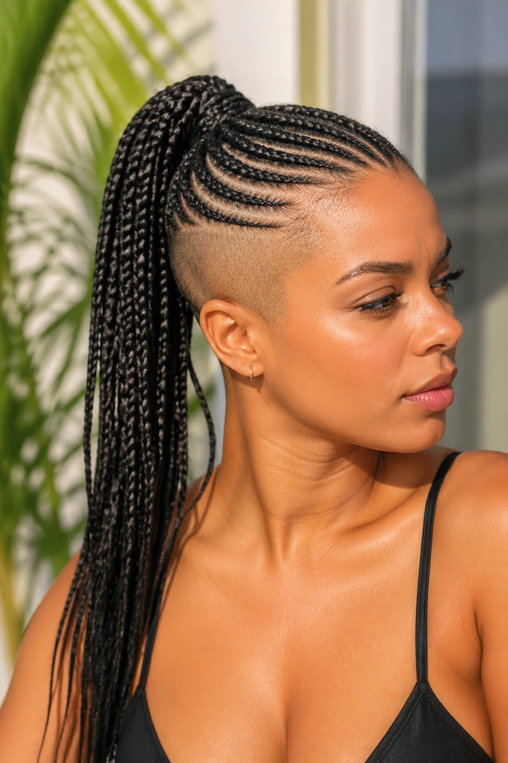 Real person with long cornrows on one side into a high ponytail and shaved side