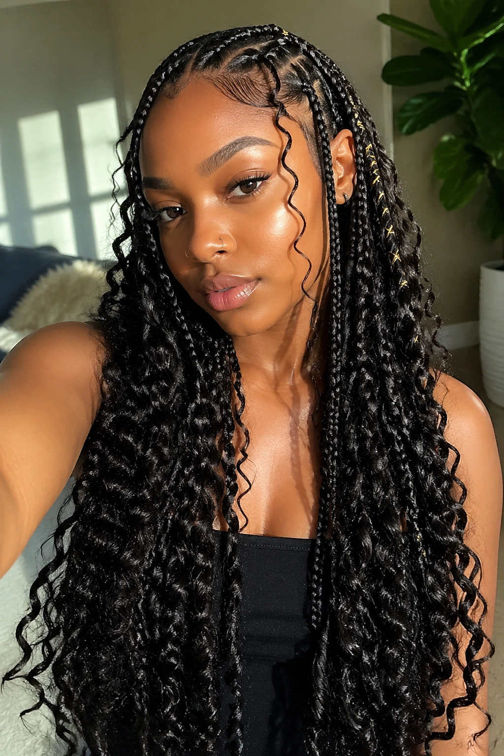 Long cornrows with wand curls on a real person
