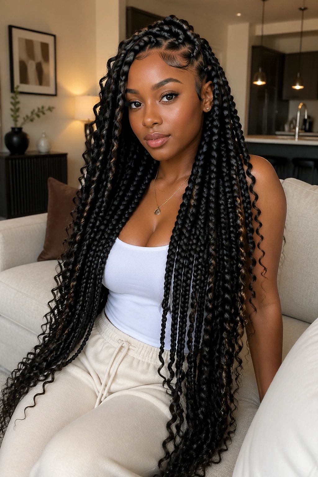Close-up of a real woman with Long Crochet Goddess Braids featuring waist-length curls