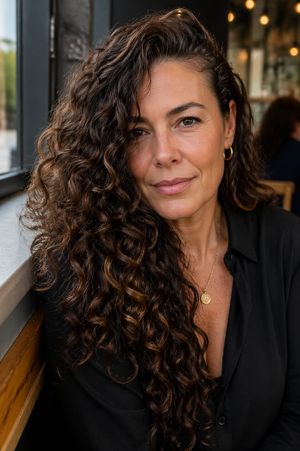 Portrait of woman with long curls and deep side part in cafe light