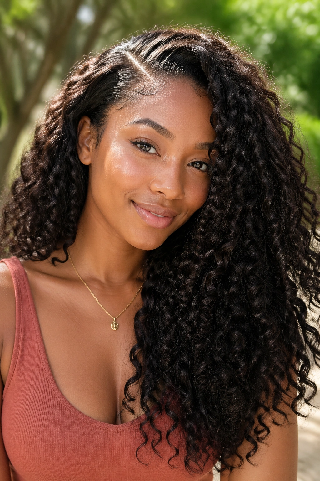 Close-up of a real woman with long side-parted curls and extensions