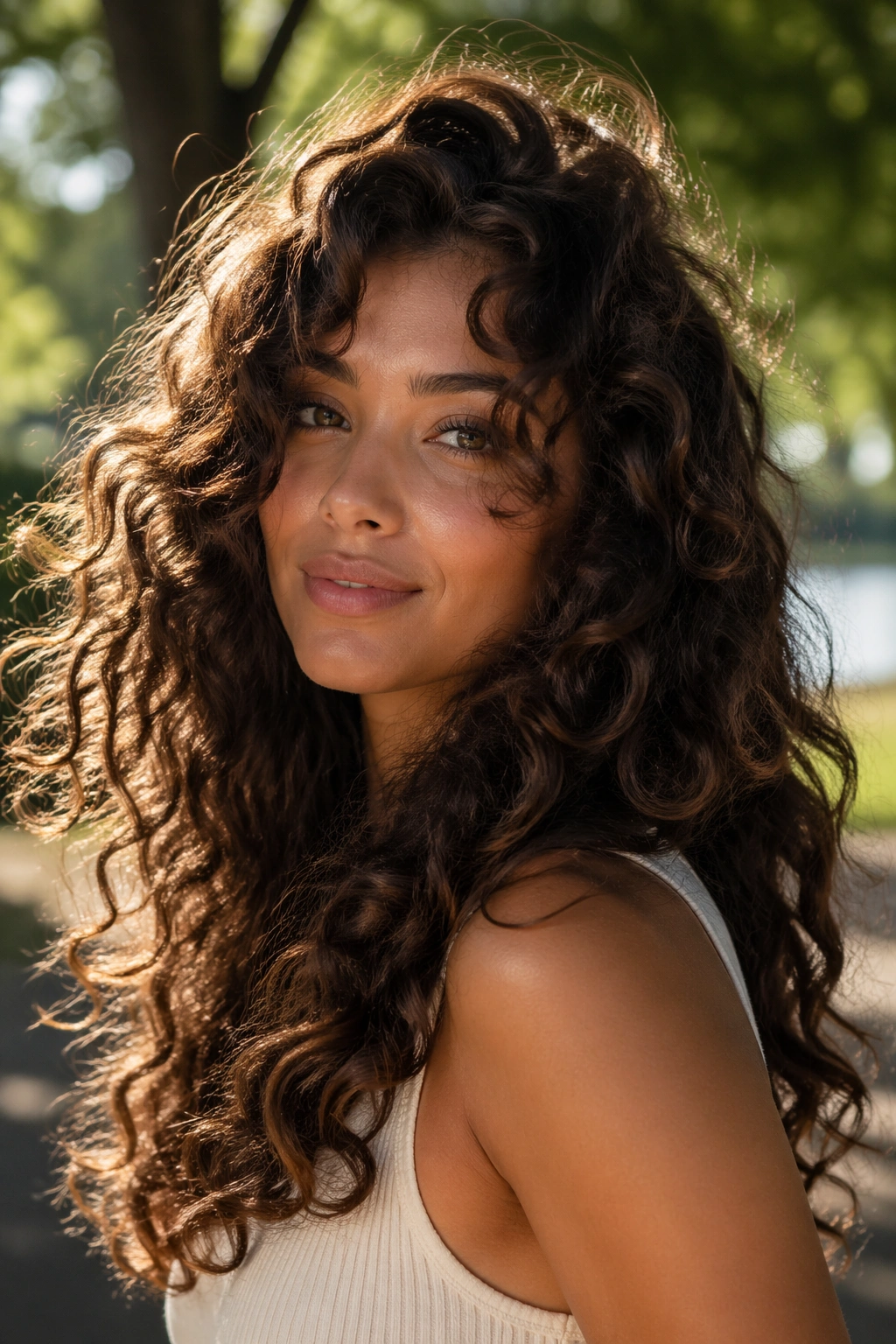 Portrait of a woman with long layered curls outdoors in a park.