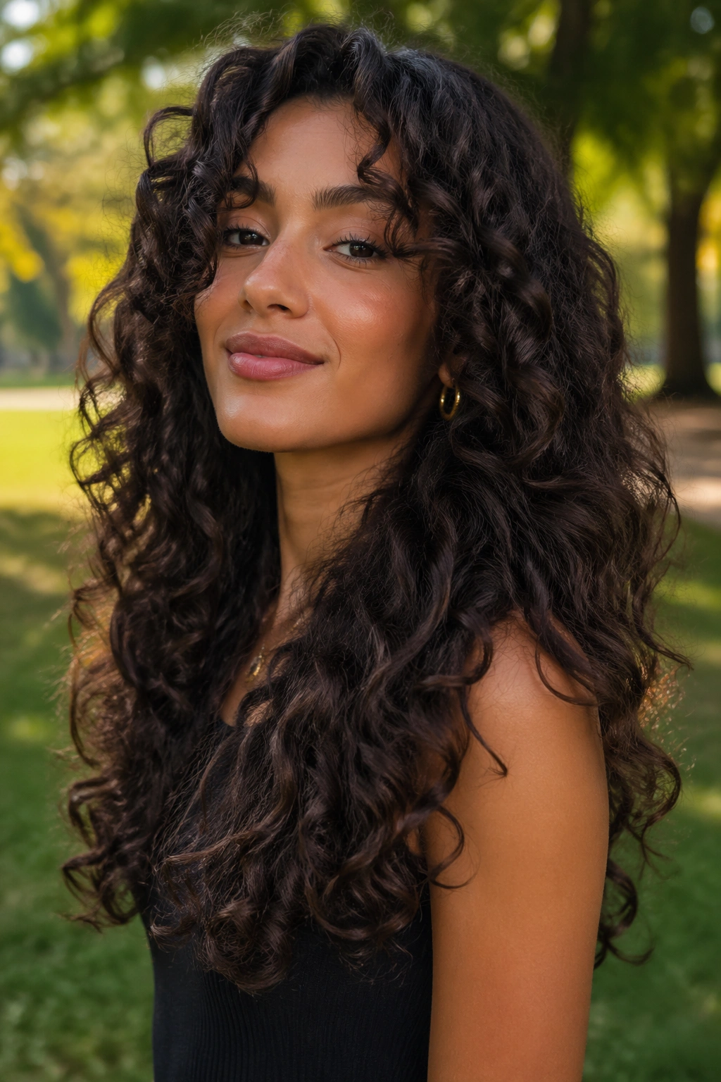 Close-up portrait of a real woman with long layered curls in a sunlit park