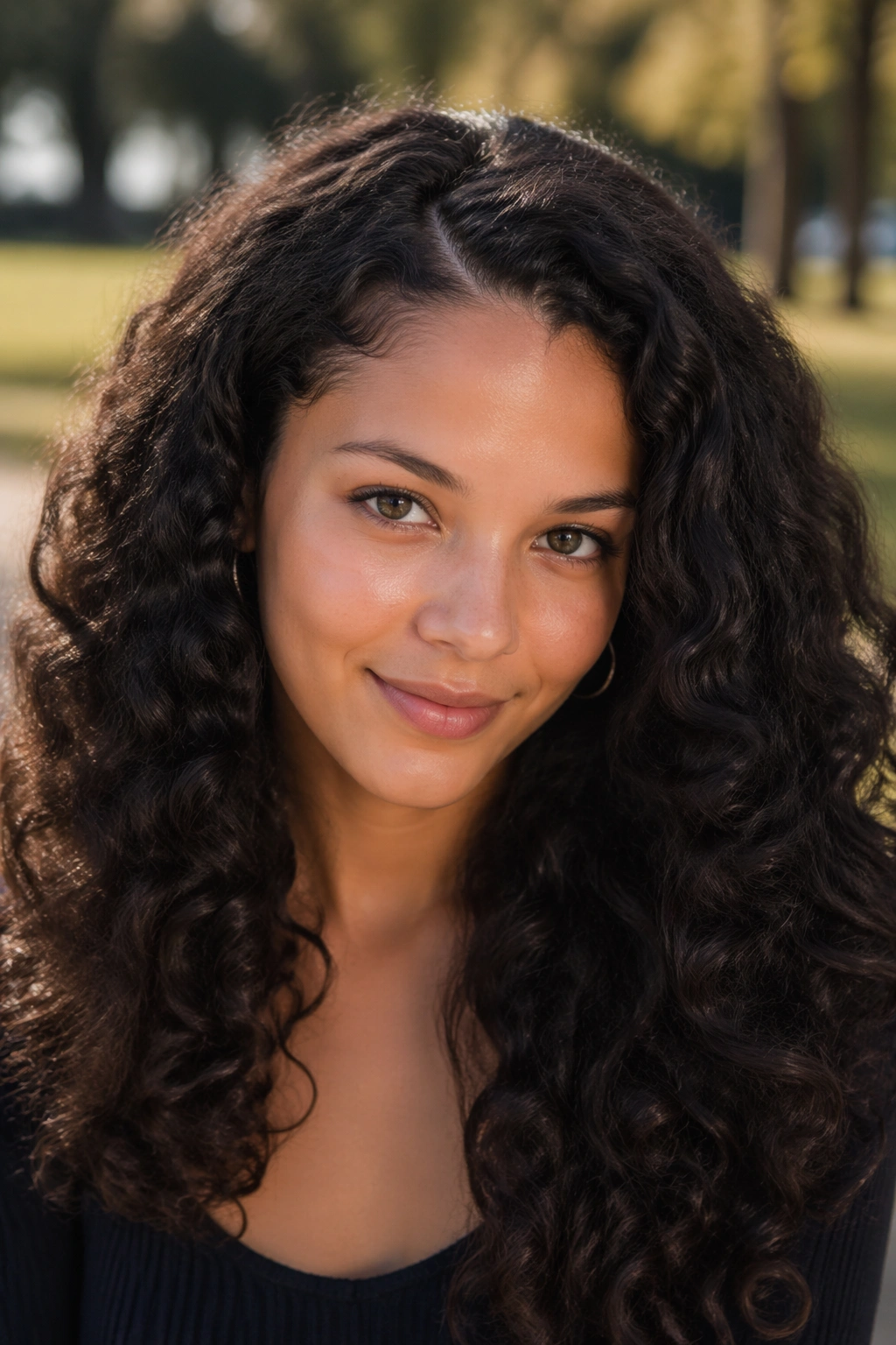 Real person with long curls and a zigzag part on the forehead