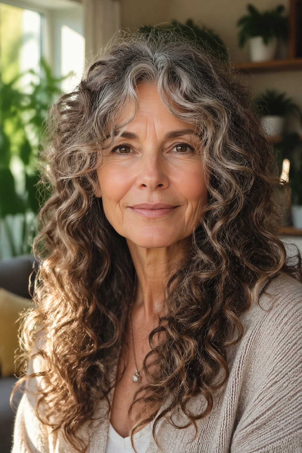 Close-up portrait of a woman with long curly hair and face-framing pieces in natural light.