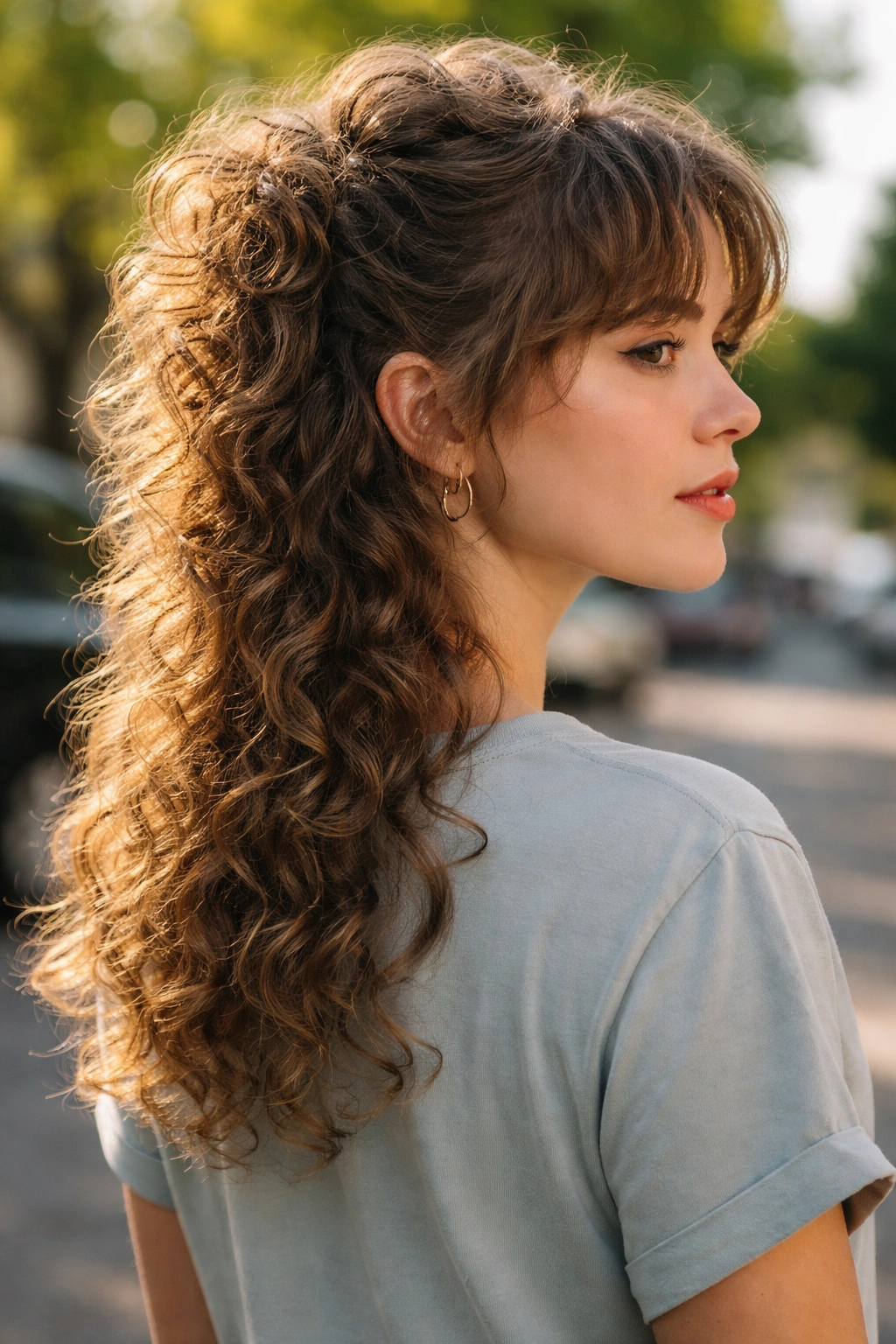 Portrait of a person with long curly mullet and feathered ends showing movement.